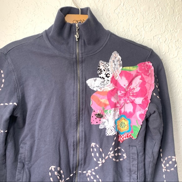 Guess Vintage Grey Floral High Neck Zip Up Sweater - Picture 3 of 6